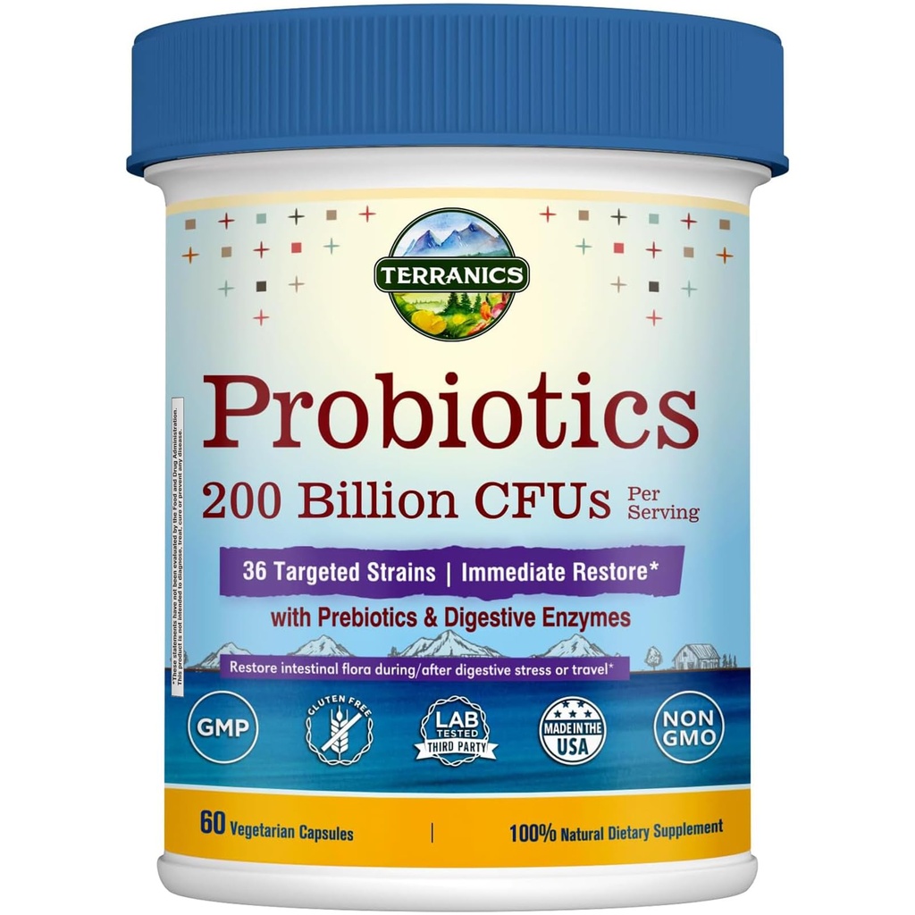 남성 및 여성을위한 Terranics Daily Probiotics, 200 억 36 Strains Immediate Restore Probiotics, Prebiotics & Enzymes, 건강한 정규성, 지연 릴리스, 선반 안정, 60 Veggie Caps