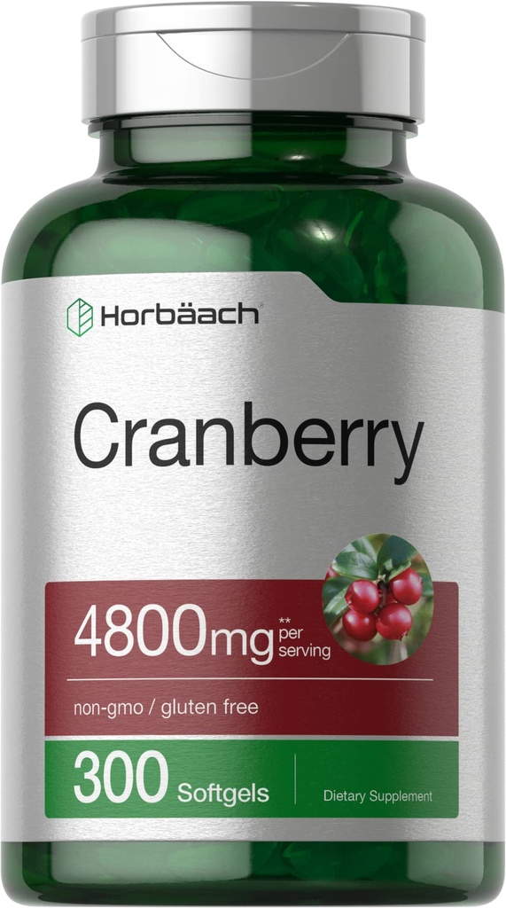 Horbäach Cranberry 알약 4800mg | 300 Softgels | 비 GMO, 글루텐 무료 보충 | 농축 추출물
