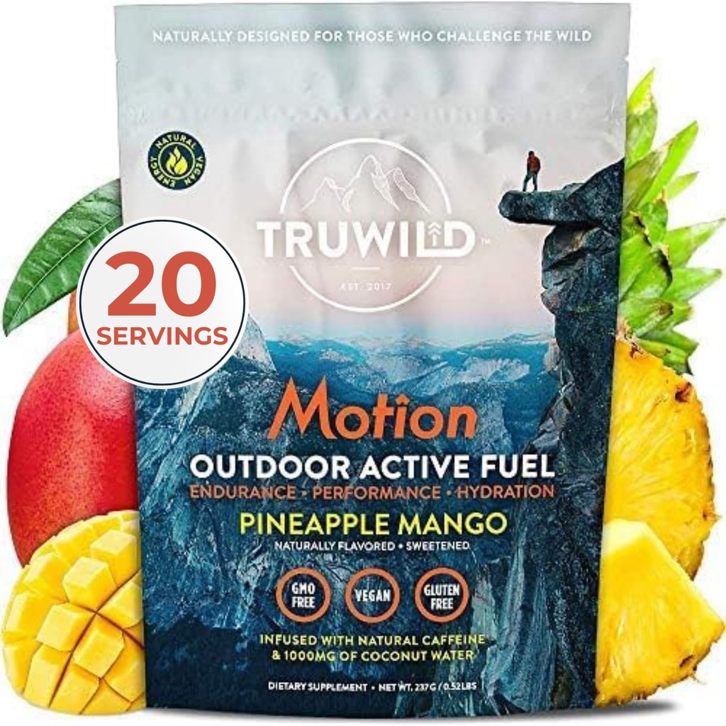 TruWild Motion All Natural Pre Workout Powder Drink Mix for Men & Women with No Jitter or Crash, 전체 식품 공장 기반 Vegan, Electrolytes + BioPerine, 20 서빙 (Pineapple Mango)