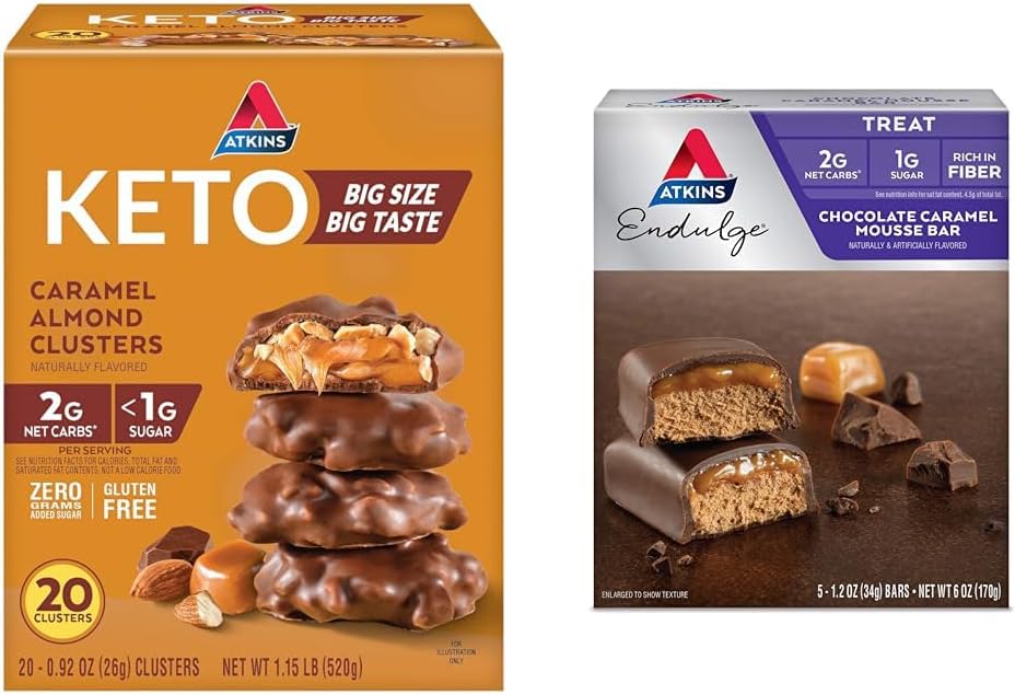 Atkins Caramel Almond 클러스터, 글루텐, 섬유, 1g Sugar, 2g Net Carb, Keto Friendly, 20 Count & Endulge Chocolate Caramel Mousse Bar, 디저트 좋아하는, 1g Sugar, 섬유, 5 Count