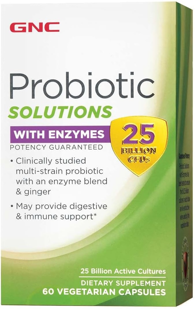 효소가있는 GNC Probiotic 솔루션, 소화 및 면역 지원, 25 억 CFUs, 60 채식 캡슐, 60 서빙 제공