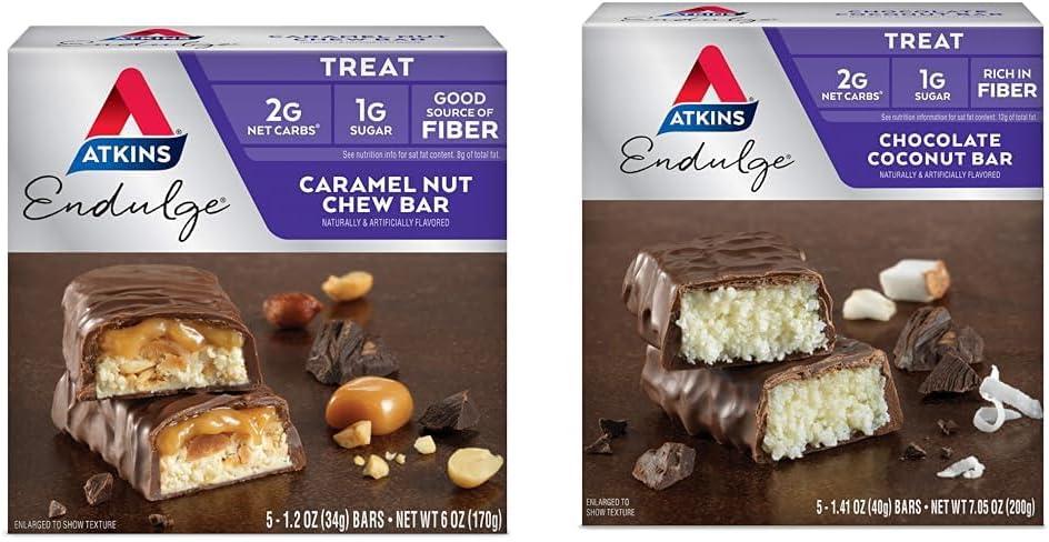 Atkins Endulge Caramel Nut Chew & 초콜릿 코코넛 바, 1g 설탕, 5 개