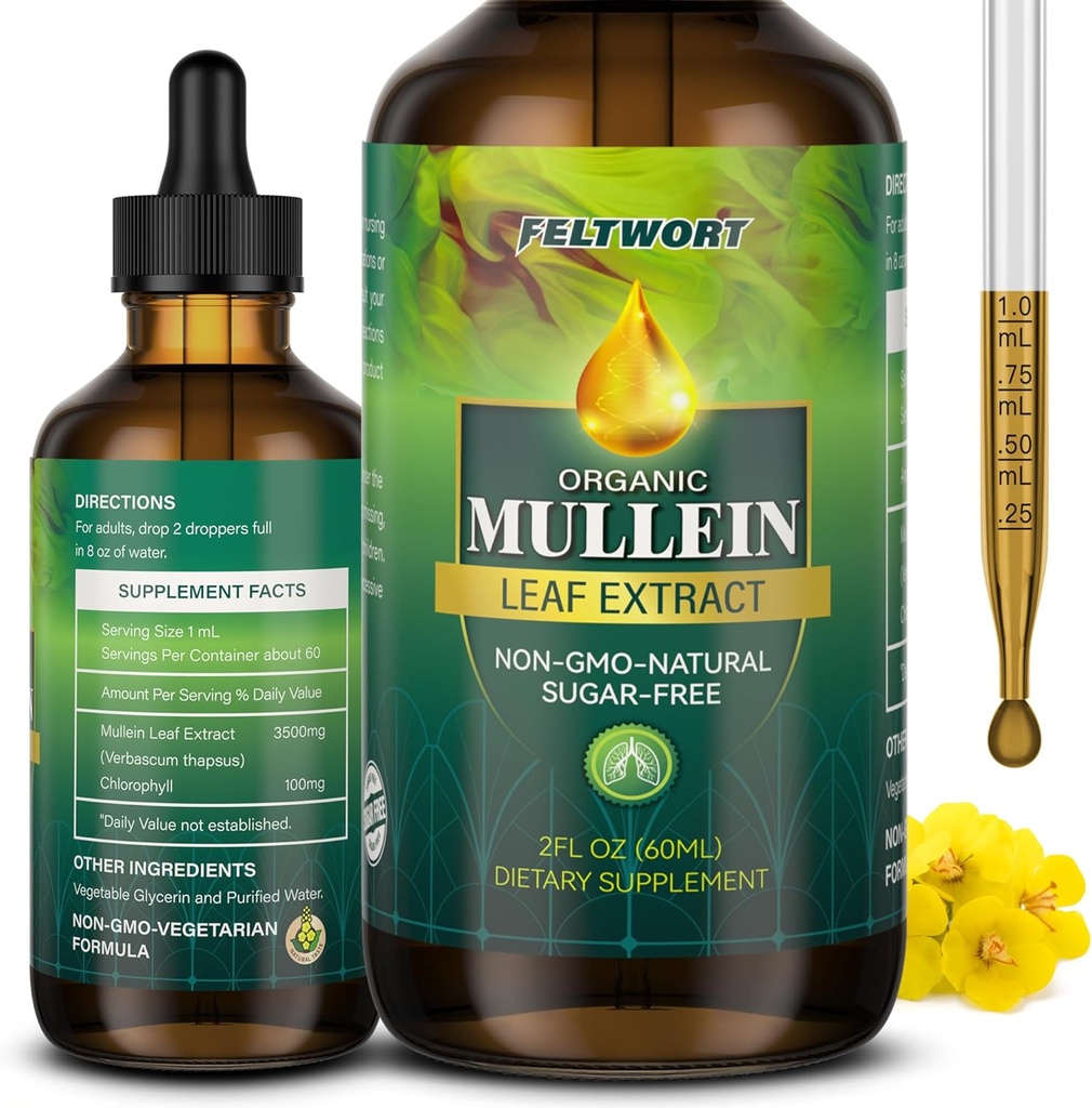 Mullein Drops - Lung Cleanse - 잎 추출물 - 면역 지원, 해독 및 호흡 지원을위한 강력한 Mullein - 초본 보충제 - 2 Oz-6