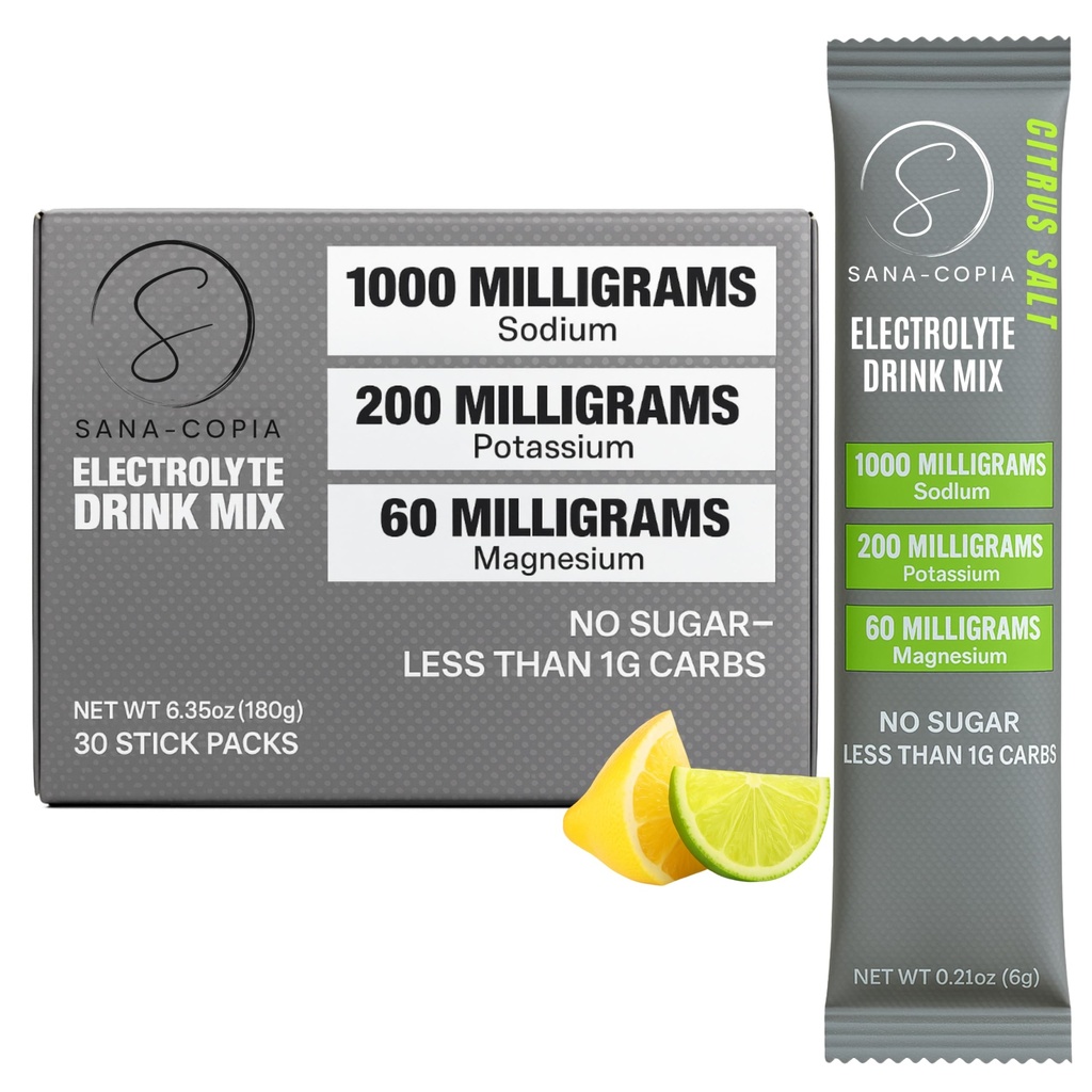 전해질 음료 혼합 Hydration 소포: 1000mg 나트륨, 칼륨 & 마그네슘 Citrus 소금 히팅 분말, 영 설탕 - 30 레몬 Lime 전해질 분말 소포, Rehydration 또는 탈수 기복을 위해