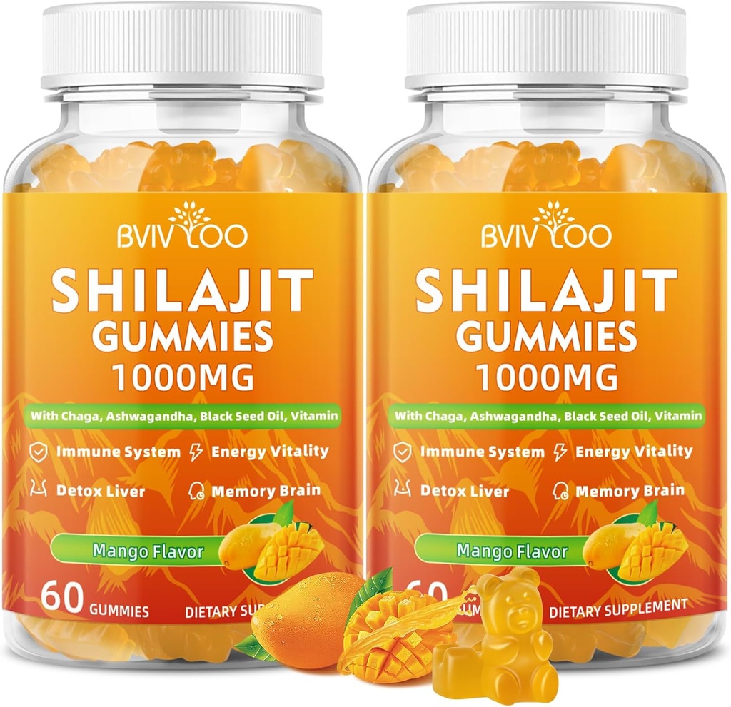 2 팩 Shilajit Gummies 1000mg 설탕 무료 - 남성 및 여성을위한 Shilajit 보충 - 85 + Trace 미네랄 및 Fulvic 산 - 에너지, 두뇌, 면역 - 120 Gummies