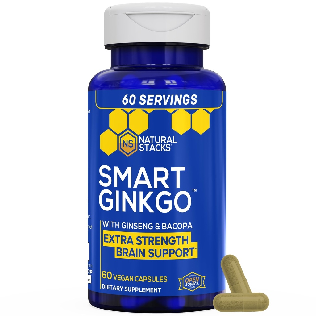 NATURAL STACKS Ginkgo Biloba는 200mg Panax Ginseng & 200mg Bacopa Monnieri로 보충합니다 - 기억과 초점을 위한 뇌 보충교재 - 뇌 건강 지원을 위한 한국어 Ginseng - 60 Ginkgo Biloba 캡슐