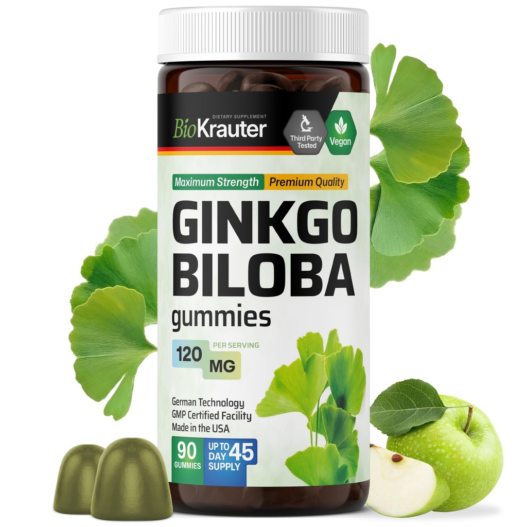 BIO KRAUTER Ginkgo Biloba Gummies - 90 Vegan Chews - 뇌 지원을위한 Ginkgo Biloba 보충제 - 120 mg 표준화 된 추출물 - Pectin-Based Formula