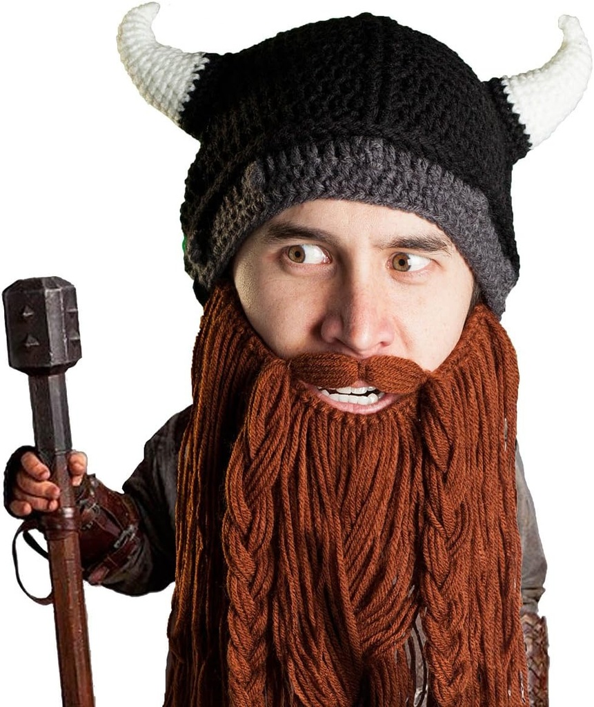 Beard Head Viking Pillager - 원래 수제 니트 바이킹 혼 헬멧 및 이동식 브레이슬릿 브라운 / 블랙 Beard