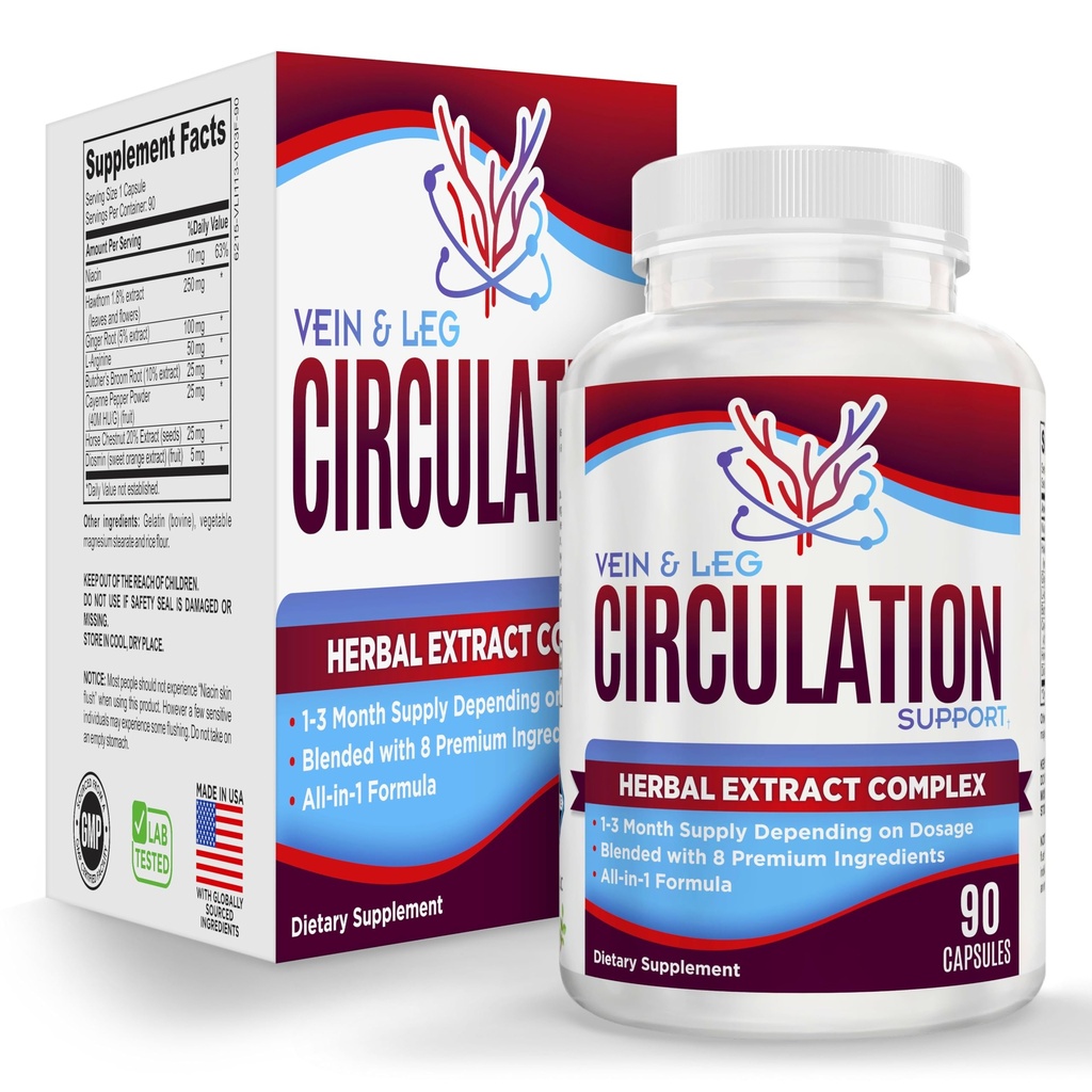 Vein & Leg Circulation Supplement (All-in-1) 8 활성 성분으로 건강 지원 | 혈액 순환 부스터 공식 | 다리 및 정맥 보충제 | 1 개월 공급 | 90 캡슐