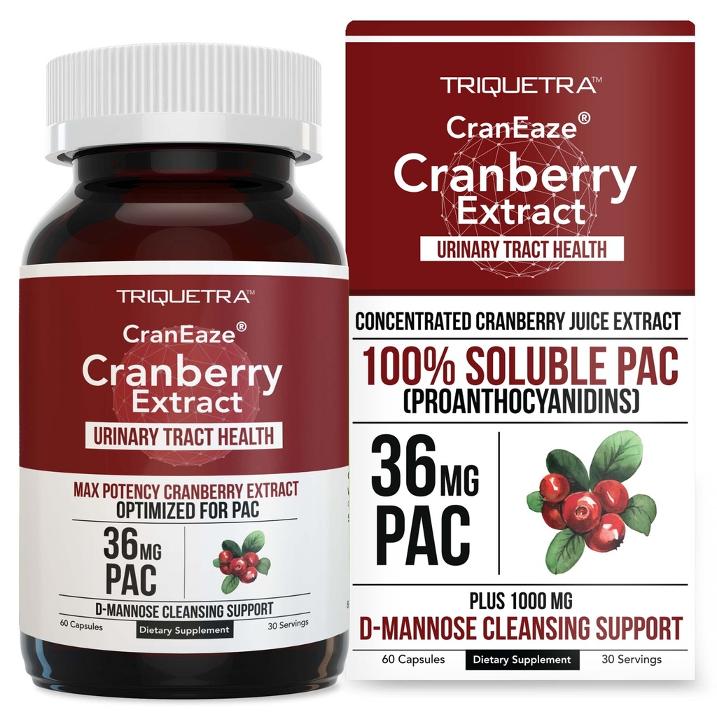 CranEaze® : Cranberry Juice Extract Plus D-Mannose - 36 mg PAC, 100 % 수용성 PAC - 여성을위한 가장 효과적인 크랜베리 알약, UTI 크랜베리 보충 - 60 캡슐