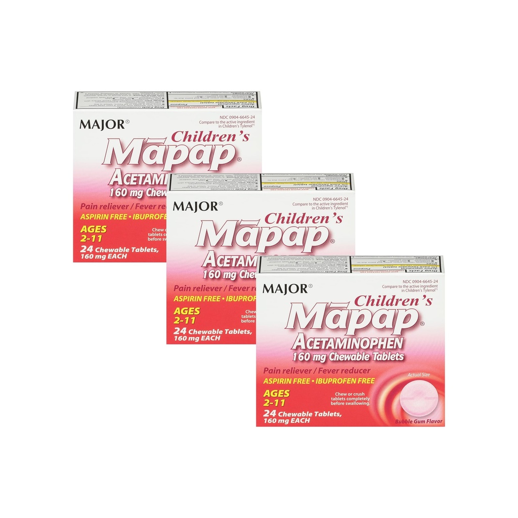 MAJOR 아이들의 마포 아세타미노펜 160 mg Chewable 정제 - 통증 Reliever/Fever 흡진기 - 아스피린 무료 - Ibuprofen 무료 - 나이 2 에 11-24 조사 (3 팩)