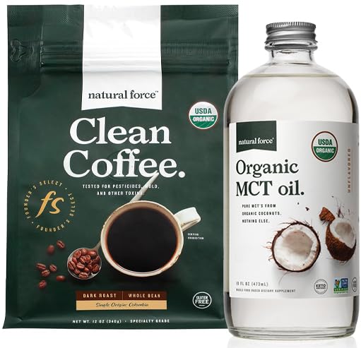 Natural Force Organic Dark Roast Clean Coffee + 유기농 MCT 오일 번들 - 100 % 순수 코코넛 MCT & Mold & Mycotoxin 무료 커피 - 비 GMO, Keto, Paleo 및 Vegan - 12 Oz 및 16 Oz