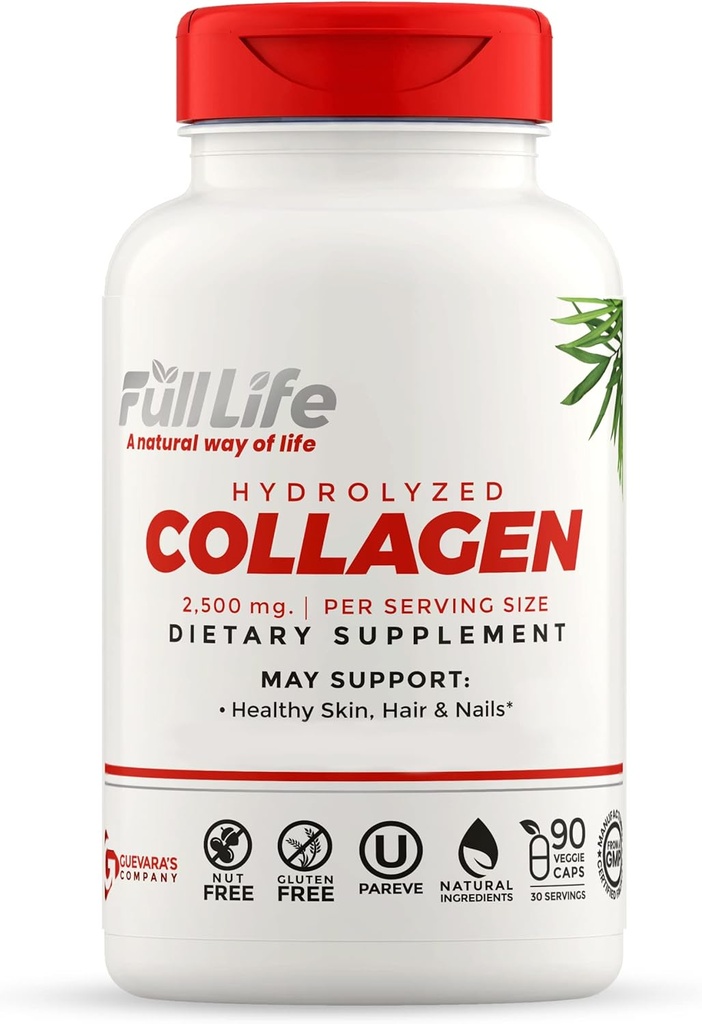 Full Life Hydrolyzed Collagen Supplements - 여성과 남성을위한 Bovine Collagen 알약 - Kosher Collagen 캡슐, 글루텐 - 무료 90 Veggie 캡슐 2,500mg
