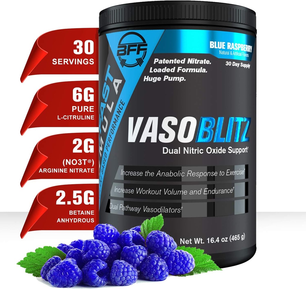 VASOBLITZ 상, NO3T Arginine Nitrate, L-Citrulline, Betaine Anhydrous,Calcium Lactate, Muscular Endurance (30 서빙) (블루 라즈베리)에 대 한 카페인 무료