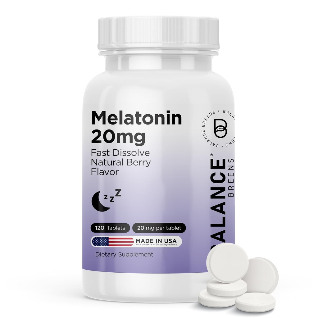 Balancebreens Melatonin 20mg 빠른 용해 정제 - 높은 효능, 빠른 행동, 자연 수면 지원 - 성인을위한 수면 보조 - 비 - 그루지, 약물 - 무료 공식 - 120 수면 알약