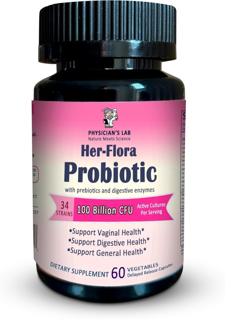 Physician 's Lab Her-Flora Women's Probiotic 100 Billion CFU per Capsule, Non-GMO, 34 Strains, Prebiotics & Digestive 효소, Gut & Vaginal Health, H.Pylori Support, 60 Veg Caps, 2-Months Supply!