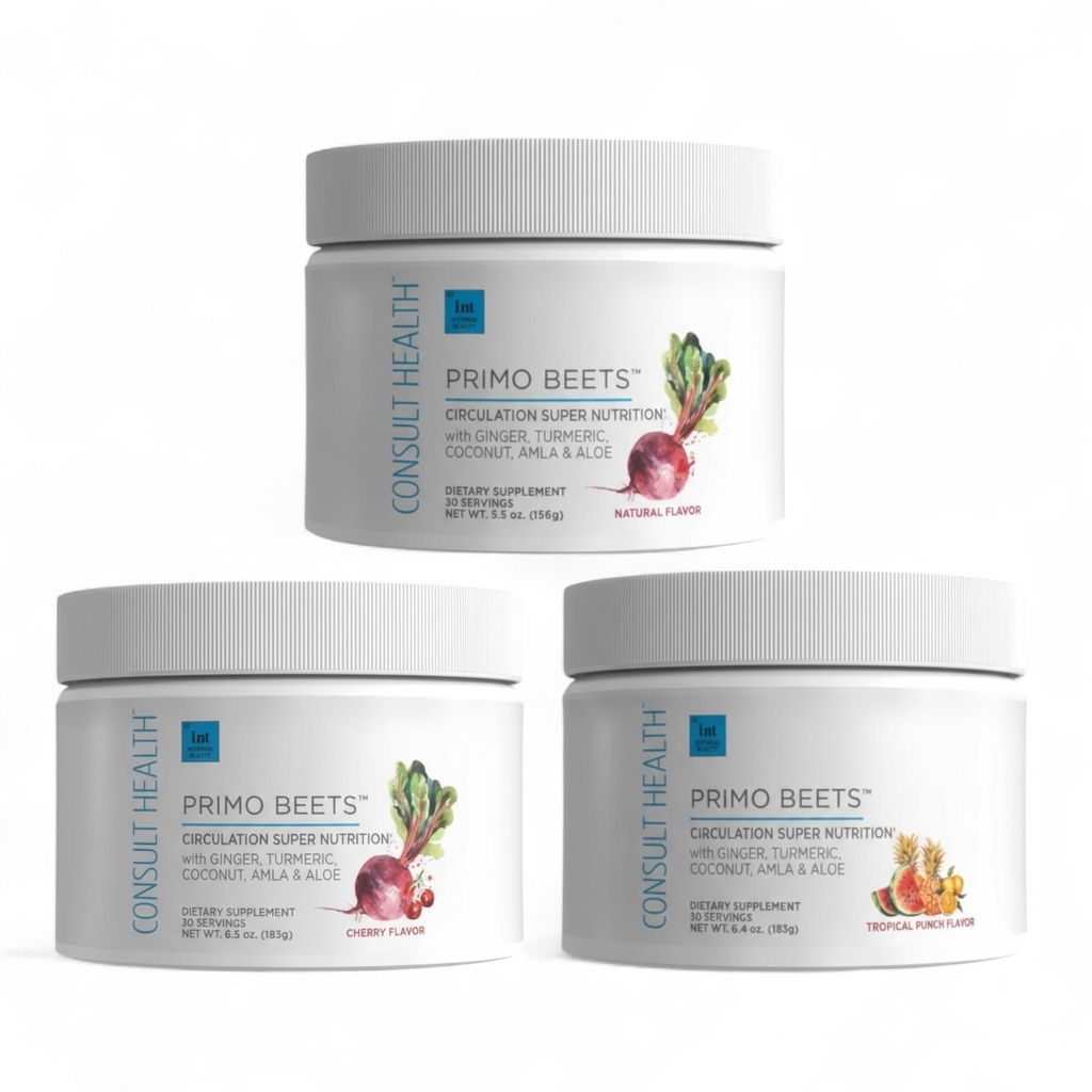 건강 Primo Beets Beet Root Powder Drink Mix with Nitrates, Ginger 및 Turmeric의 일일 순환 지원, 풍미, 체리, 블루 베리 및 Strawberry Lemonade 6.5 oz 각각 3 팩