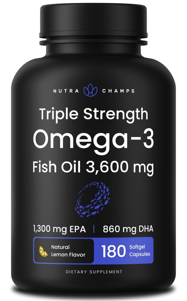 세 배 힘 오메가 3 생선 기름 3600 mg | EPA & DHA | 180 Softgels | Burpless Fish Oil Supplement, Wild Caught | 2100mg 오메가 3 지방산 보충제 | 천연 레몬 맛 오메가 3 알약