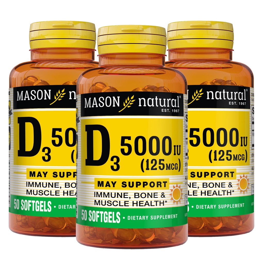 MASON NATURAL 비타민 D3 125 mcg (5000 IU) - 지원 전반적인 건강, 힘 뼈와 근육, 물고기 간장 기름에서, 50 Softgels (3의 포장)