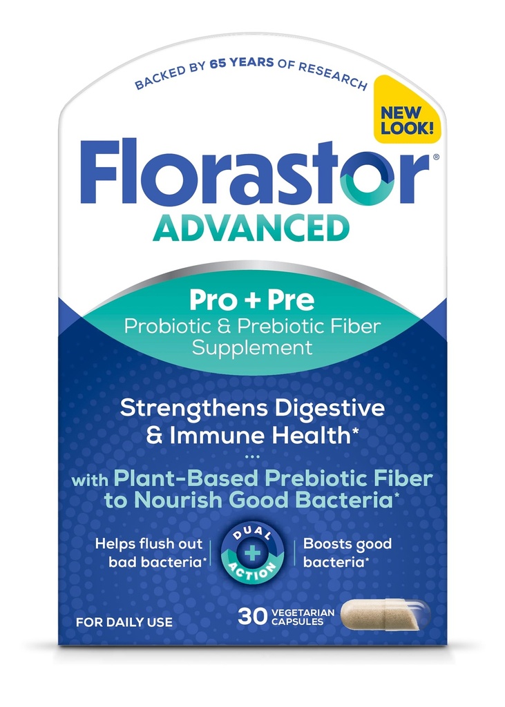 Florastor 고급 Pro + Pre Daily Probiotic and Prebiotic Supplement for Women and Men, Boosts Good Bacteria, Saccharomyces Boulardii CNCM I-745 (30 캡슐) (1 팩)