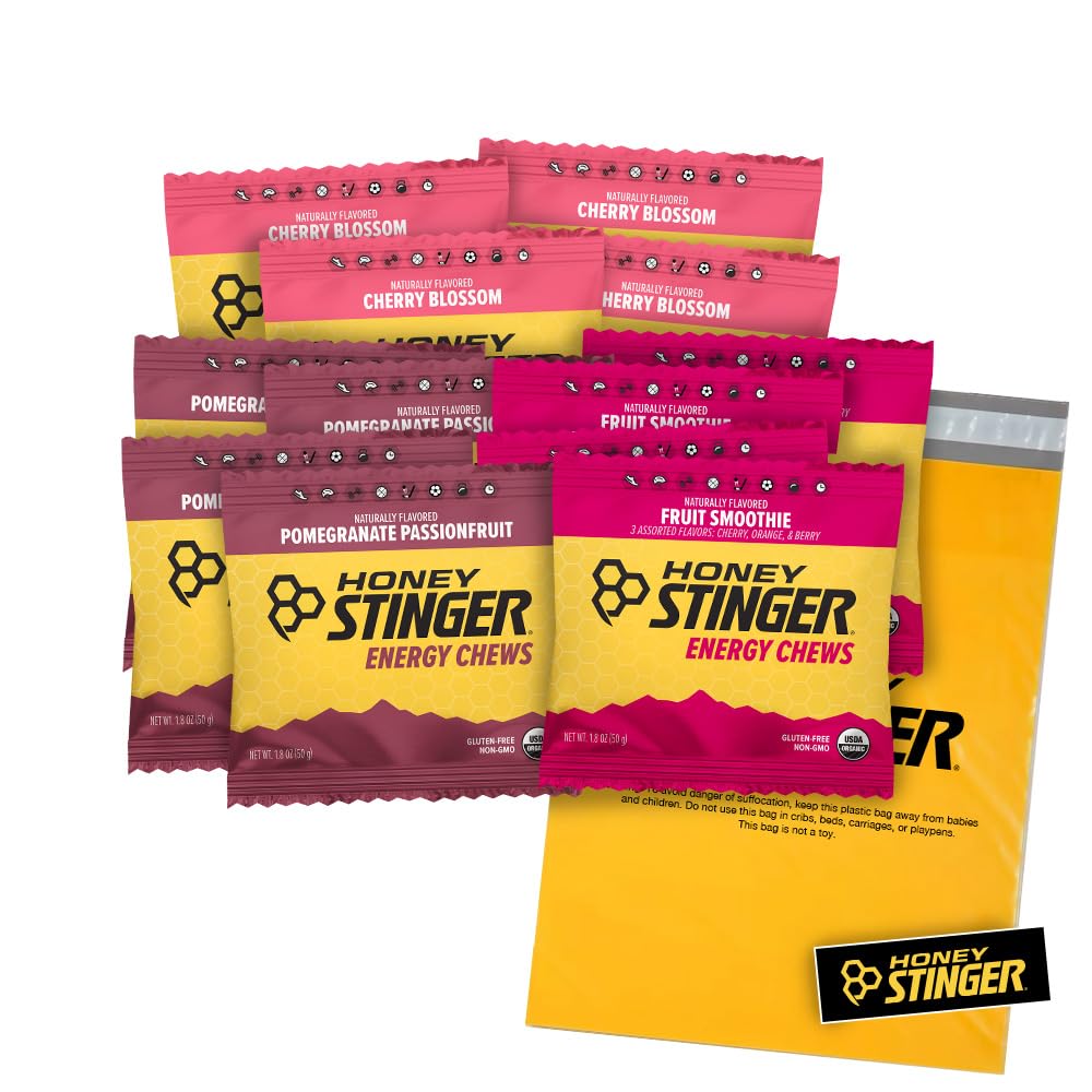 꿀 Stinger 유기 에너지 Chews – 다양성 팩 – 12 개 – 각 맛의 4 개 – Chewy Gummy 에너지 소스 – 벚꽃, 과일 스무디 & 석류 Passionfruit – 플러스 스티커 및 Polybag