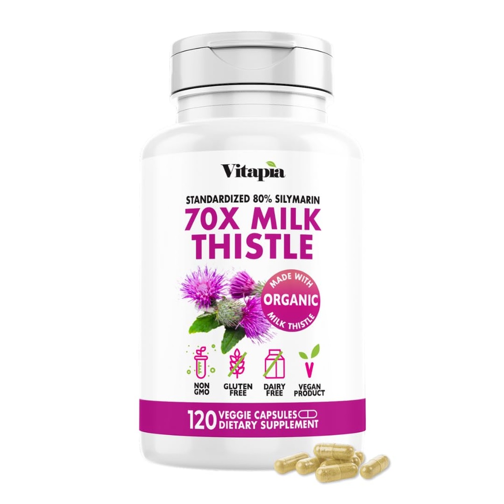 Vitapia 유기 우유 이틀 추출물 70:1 보충교재 - 간결 Detox & 수선, 간결 건강 지원, 산화제 - 120 Vegan 캡슐, 비 GMO, 글루텐 자유로운