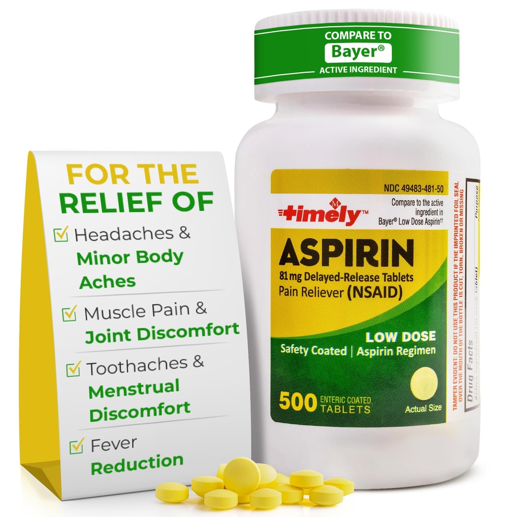 성인을 위한 적시 낮은 복용량 아스피린 81mg - Minor Aches & Fever 흡진기를 위한 고통 Reliever - 바이어에 있는 유효 성분과 비교해 - 낮은 힘 Enteric 입히는 아스피린 - 500의 정제