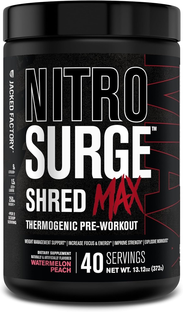 Jacked Factory Nitrosurge Shred Max Preworkout - 남성과 여성을위한 고성능 Thermogenic Pre 운동 분말 - L Citrulline, Acetyl L Carnitine, 유기 카페인 - 40 서빙, 수박 복숭아