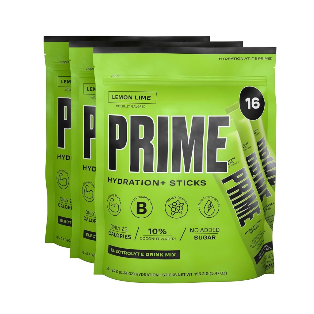 PRIME HYDRATION+ Sticks Lemon Lime | 하이드로션 파우더 싱글 세브 스틱 | 고텐 파우더 | 저수지 | 카페인 무료 | Vegan | 48개 스틱