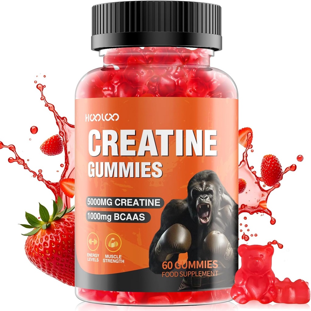 HOOLOO 크레아틴 Gummies 5000mg 크레아틴 Monohydrate, 서빙 당 1000mg BCAA - Chewable Vegan Sugar Free Gummies, 딸기 풍미 (1 달 공급)