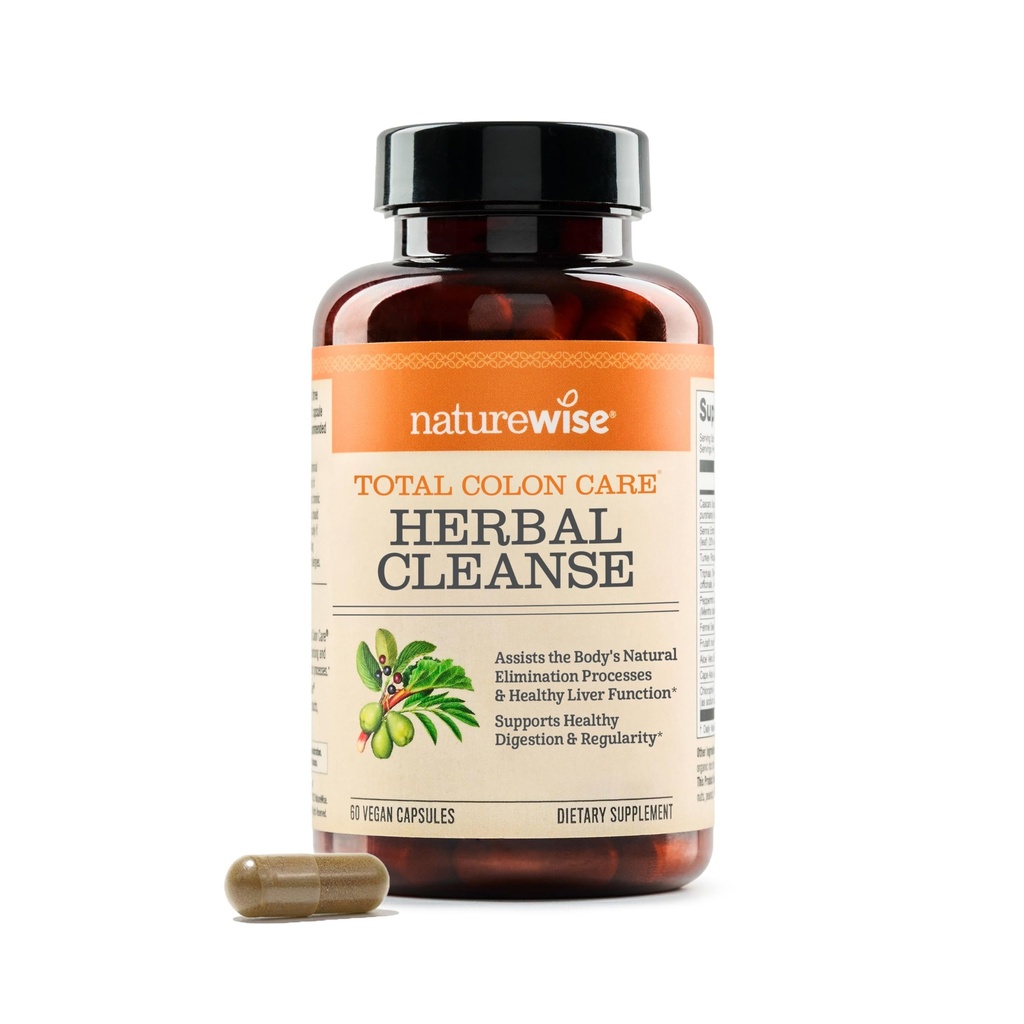 Naturewise Total Colon Care Herbal Cleanse - Prebiotics, Botanicals, & Antioxidants - 일반 Bowel Movement, Digestion, Gut Health - Vegan, Gluten-Free, Non-GMO - 60 캡슐[2-달 공급]