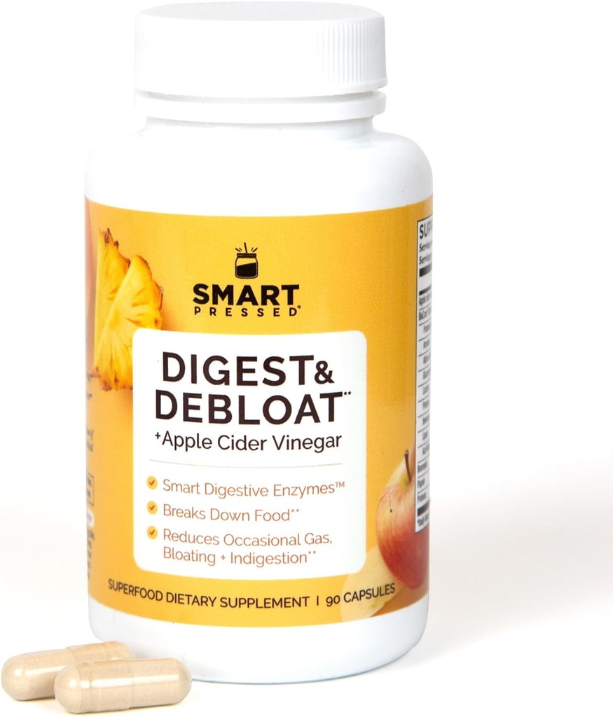 SMART Pressed Juice Digest & Debloat Digestive Enzymes 빠른 Acting for Acid Reflux Indigestion Heartburn Gas Bloat | Apple Cider Vinegar의 천연 소화 건강, 미국에서 90 캡슐