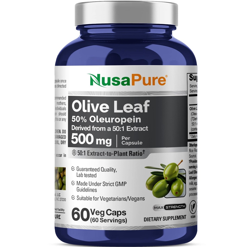 NusaPure 올리브 리프 50 : 1 추출물, 25,000mg에 500mg - 50 % Olineurope Vegan / 채식 - 슈퍼 강도 없음 오일 60 캡슐