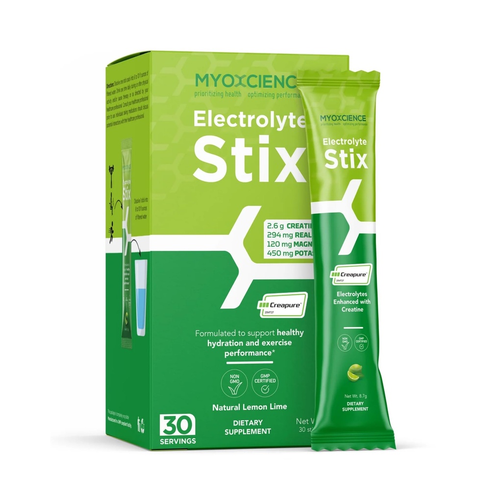 MYOXCIENCE Electrolyte STIX | Creatine Electrolyte Powder | 운동 및 근육 개발 w/Real Salt (레몬 라임 맛)에서 회복 (Stix 30 ct)