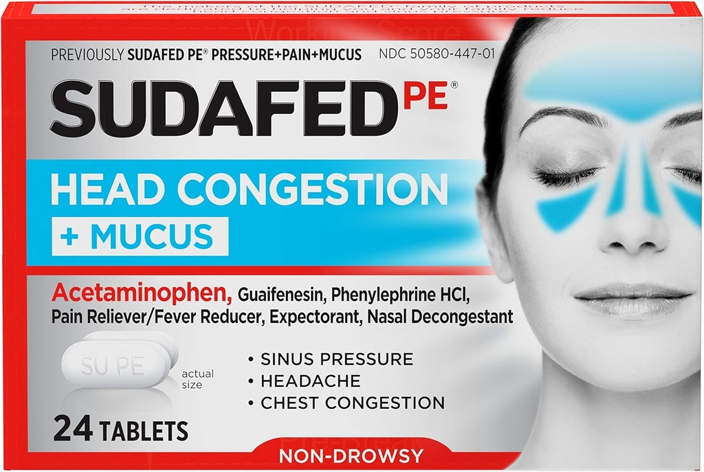 Sudafed PE 머리 혼잡 + Sinus 압력, 고통 & 혼잡, 24 ct를 위한 Mucus 정제