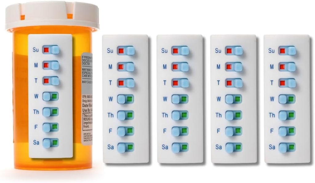 12 + 리필, Pill/Medication/Vitamin/Pet Med 추적자 & Reminder를 위해 재사용할 수 있는 ‐ n 슬리드 껍질 및 지팡이는, 당신의 병에, 조직 자유로운, 구부려진 뒤 (백색, 5 팩) 붙입니다
