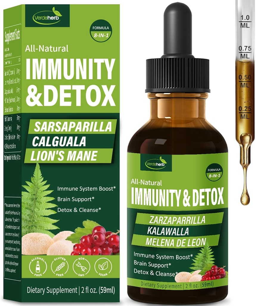 Sarsaparilla & Kalawalla 뿌리 (Polypodium Leucotomos) Immunity & Detox 하락, 자연적인 초본 면역 지원 공식 w/Lion's Mane. 고아스 드 Zarzaparrilla, 카토 마리아노 y Melena. 2oz