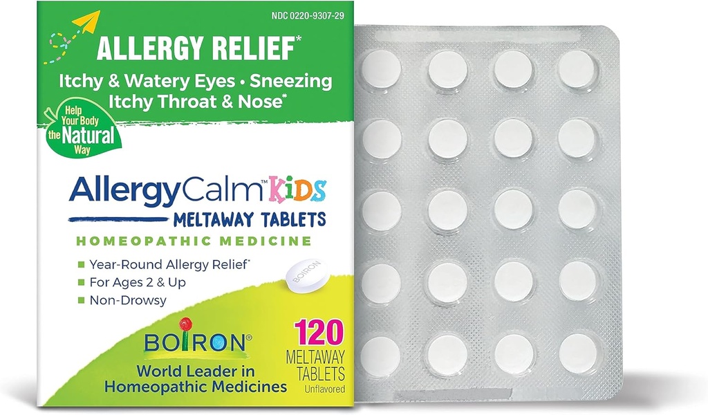 Boiron AllergyCalm Kids Tablets for Relief from Allergy and Hay Fever Symptoms of Sneezing, Runny Nose 및 Itchy Eyes 또는 Throat - 120 카운트