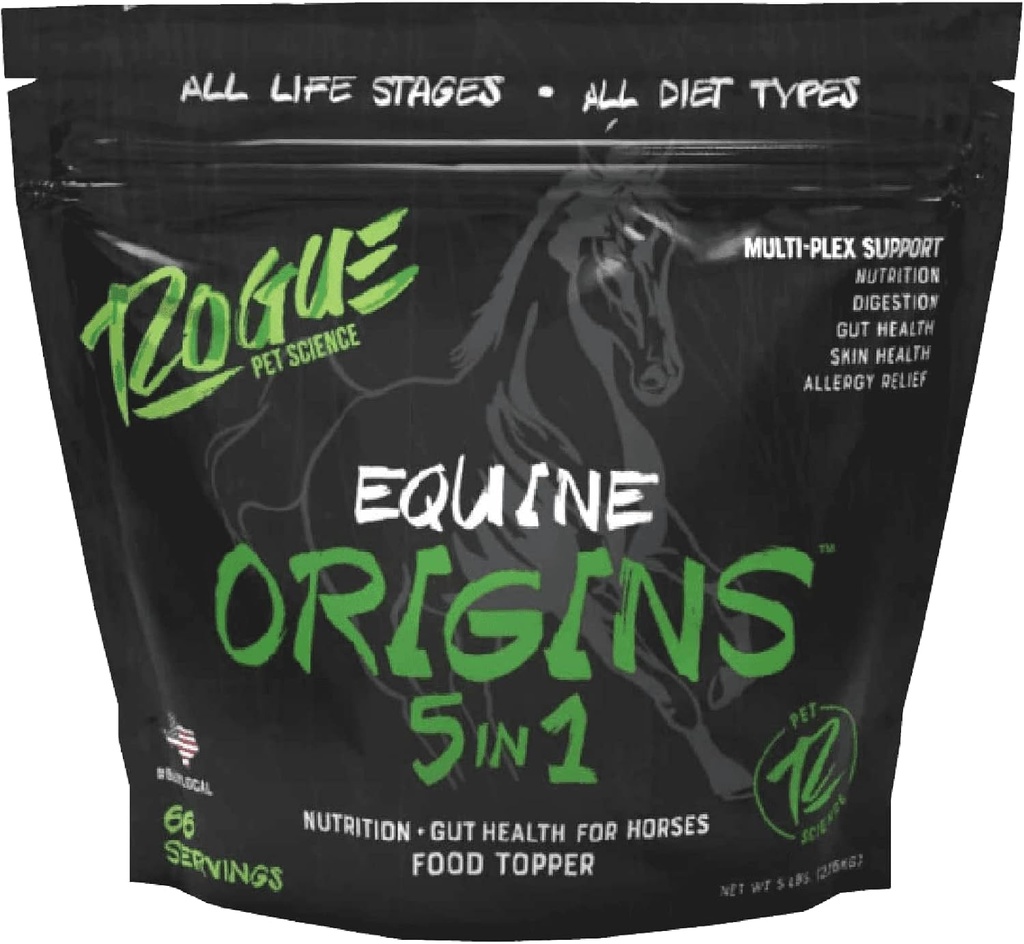 ROGUE PET SCIENCE 원산지 5-in-1 말 보충 - 펠렛된 Equine 음식 Topper w/Natural Omega 3 물고기 기름 - Gut 건강, Ulcer 기복 & 합동 도움 알레르기, 피부 및 외투 건강 (5 lbs)를 지원합니다