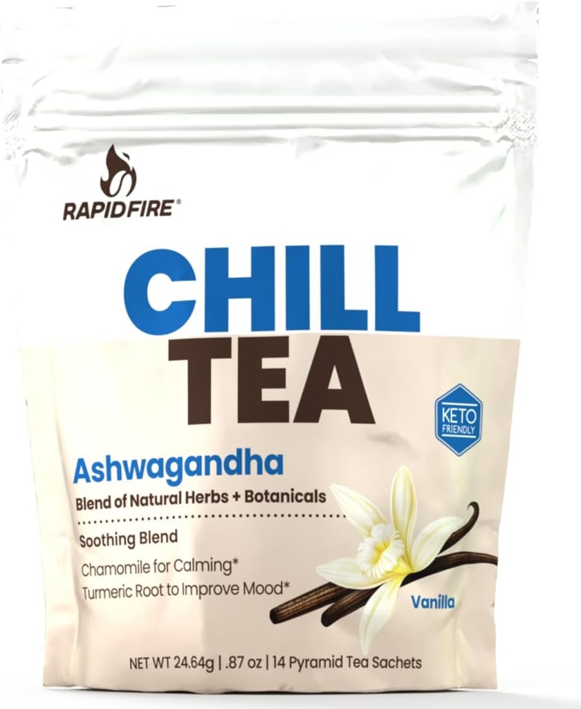 Chill Tea, Soothing Blend, Ashwagandha, Chamomile, Turmeric, Stress Relief Tea, Caffeine Free, 14 Tea Bags, 14 서빙