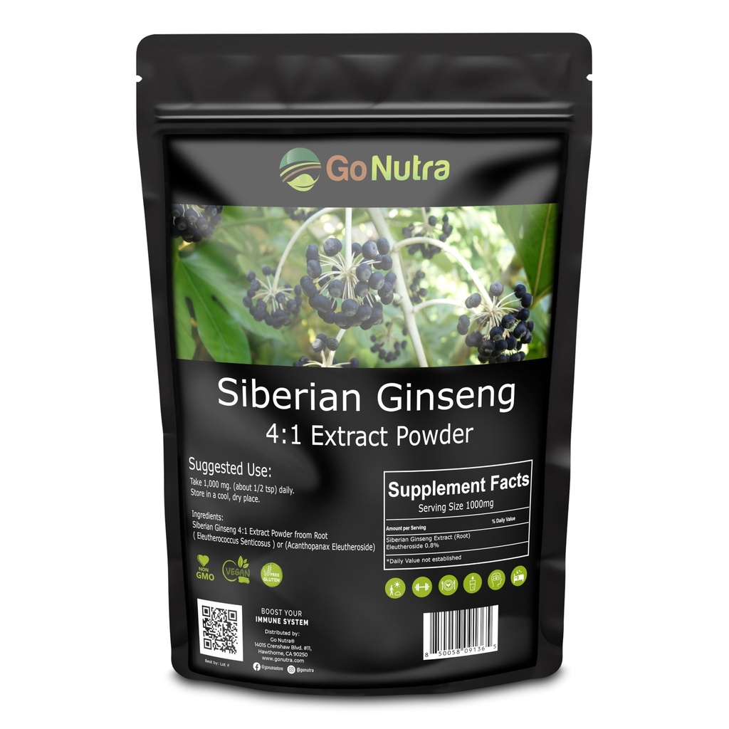 Go Nutra Siberian Ginseng - Eleuthero Root Powder | 4:1 Extract 4X Times Stronger | 지원 에너지 및 체력 | 자연 및 적응성 | Eleutheroccus Senticosus | 비 GMO | 4 Ounce