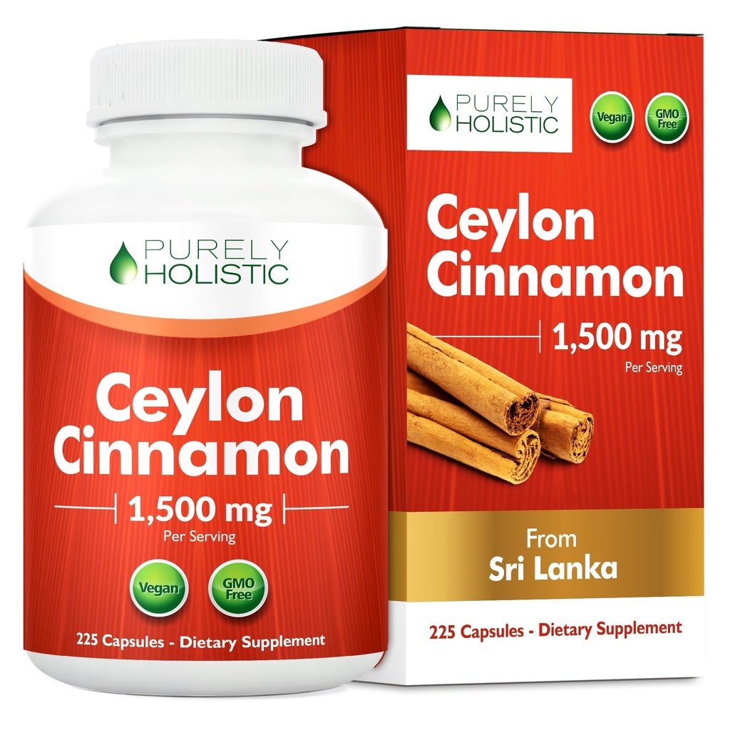 Purely Holistic Ceylon Cinnamon 캡슐 1500mg, 225 Vegan Cinnamon 캡슐, 75 일 공급 (25% 더 많은 서빙), True Sri Lankan Ceylon Cinnamon 보충교재