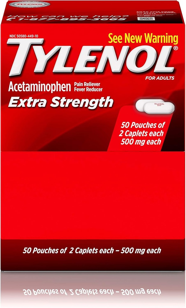 Tylenol (R) Extra-Strength, 2-Caplet 복용량, 100 캡슐 총, 500mg 각