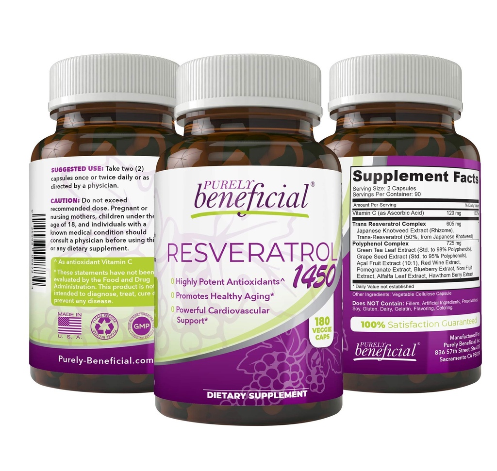 유해한 RESVERATROL1450-90day 공급, 잠재적인 산화 방지제 & Trans-Resveratrol의 봉사 당 1450mg는 노화 방지, 심장 혈관 지원, 최대 이득 (1bottle)를 승진시킵니다