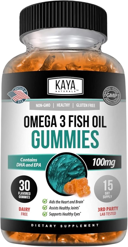 Kaya Naturals Omega 3 Fish Oil Gummies - EPA 및 DHA Fatty Acid와 함께 오일 보충 - 지원 뇌, 눈, 심장 건강 및 면역 지원 - Non-GMO - 30 Count