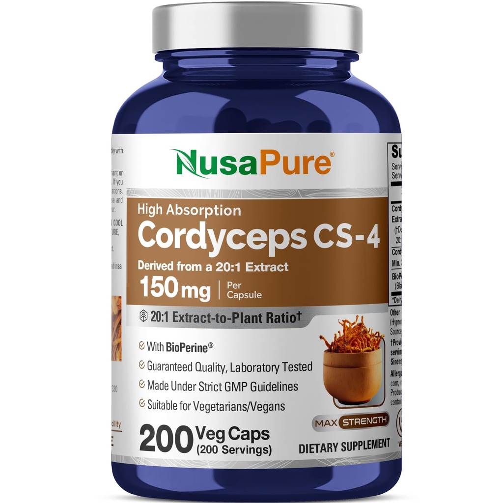 NusaPure Cordyceps 20:1 추출물, 3,000mg 200 Veggie 캡슐 (Sinensis CS-4, Non-GMO, Vegan) Bioperine과 동등한 150 mg