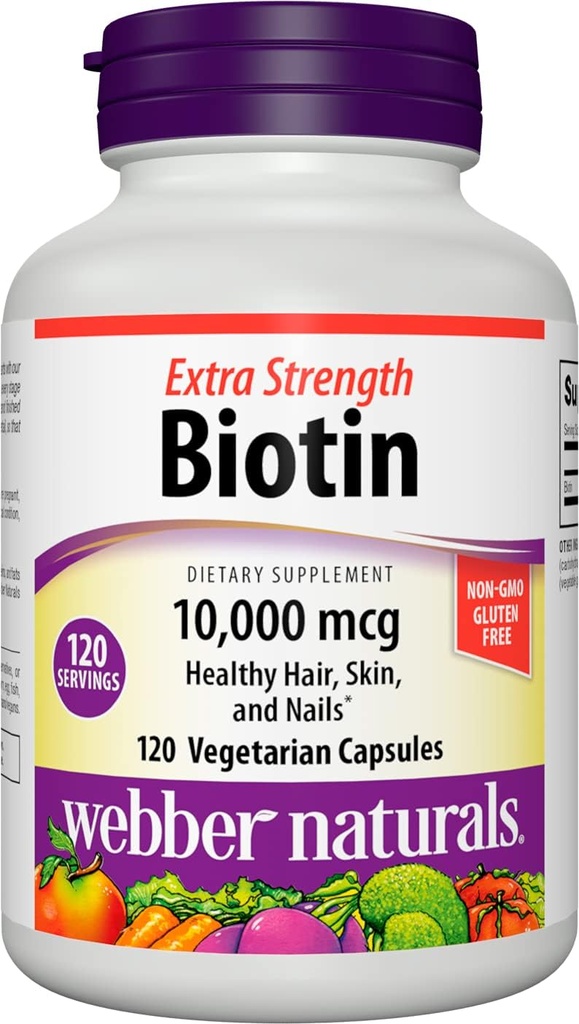 Webber Naturals Biotin 10,000 mcg, 여분의 힘, 120의 캡슐, 건강한 머리, 피부 & 못, 비타민 보충교재, 채식주의자