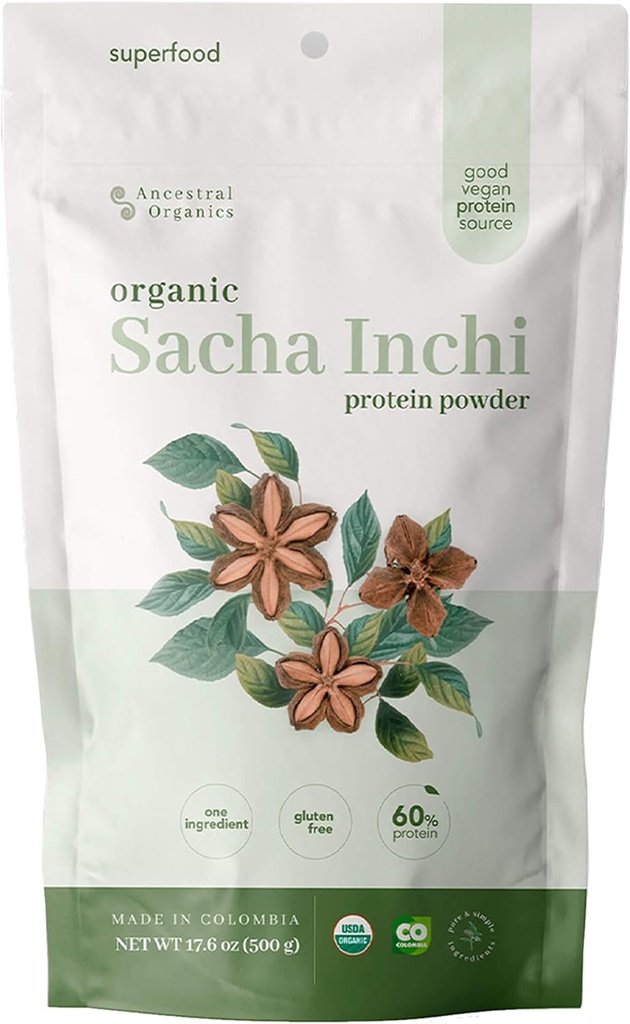 ANCESTRAL 유기 Vegan 단백질 분말, Sacha Inchi 인증 유기 Superfood - 17g 식물 기반 단백질 - 영양 풍부한 - 글루텐 무료, 낙농 무료, 설탕 무료 - 1.1lb