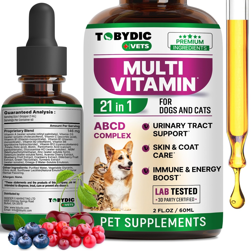 Cat & Dog Multivitamin 21 in 1 Pet Supplements with Cranberry & Glucosamine - UTI, Urinary Tract, Bladder, Kidney, 스킨 코트, 미국에서 만든 관절 치료