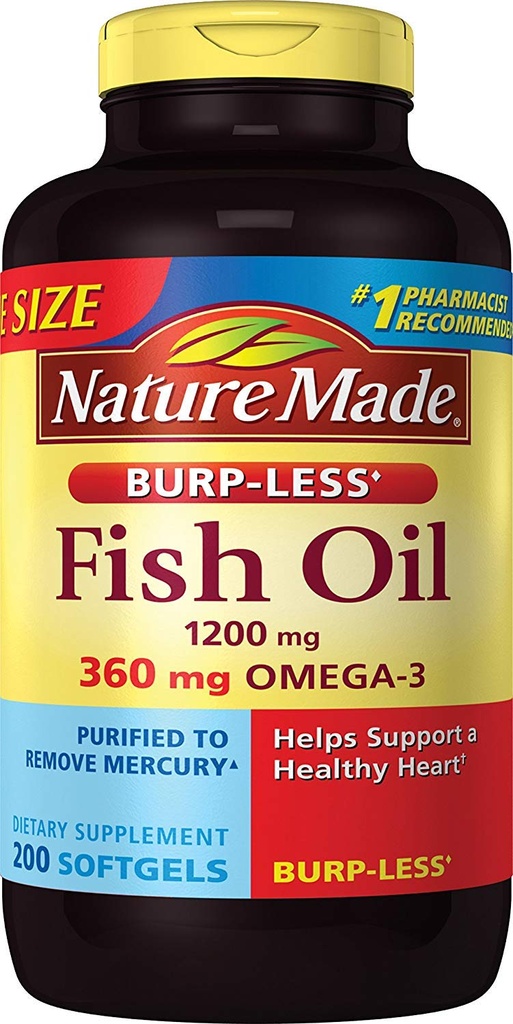 Burp-Less 물고기 기름 1200 mg, 200 Softgels의 심장 건강을 위한 물고기 기름 Omega 3 보충교재